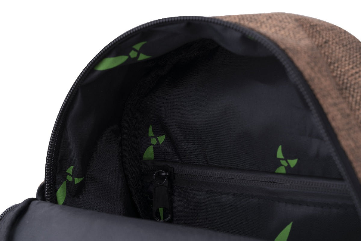 Brown Smell Proof Hemp Mini Backpack With Secret Lock - Inside Zoomed In